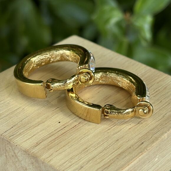 Givenchy Vintage Crystal Earrings Gold Clear Square Crystals Hoop Signed 1980s - Picture 7 of 9